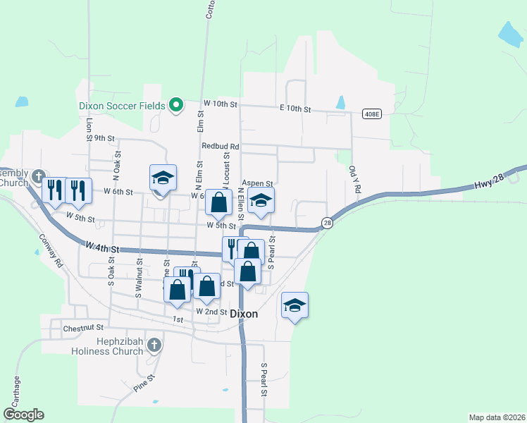 map of restaurants, bars, coffee shops, grocery stores, and more near 104 Pearl Street in Dixon
