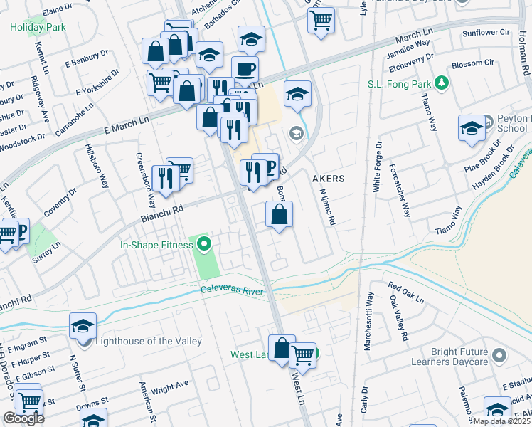 map of restaurants, bars, coffee shops, grocery stores, and more near 4770 West Lane in Stockton
