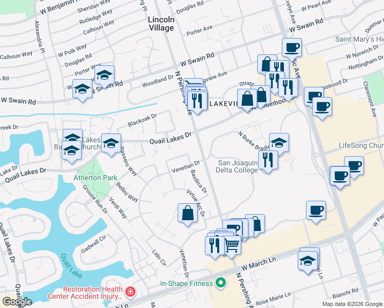 map of restaurants, bars, coffee shops, grocery stores, and more near 1447 San Rocco Circle in Stockton