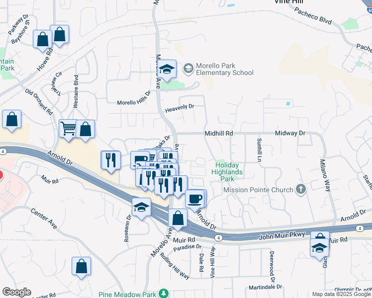 map of restaurants, bars, coffee shops, grocery stores, and more near 1001 Maywood Lane in Martinez