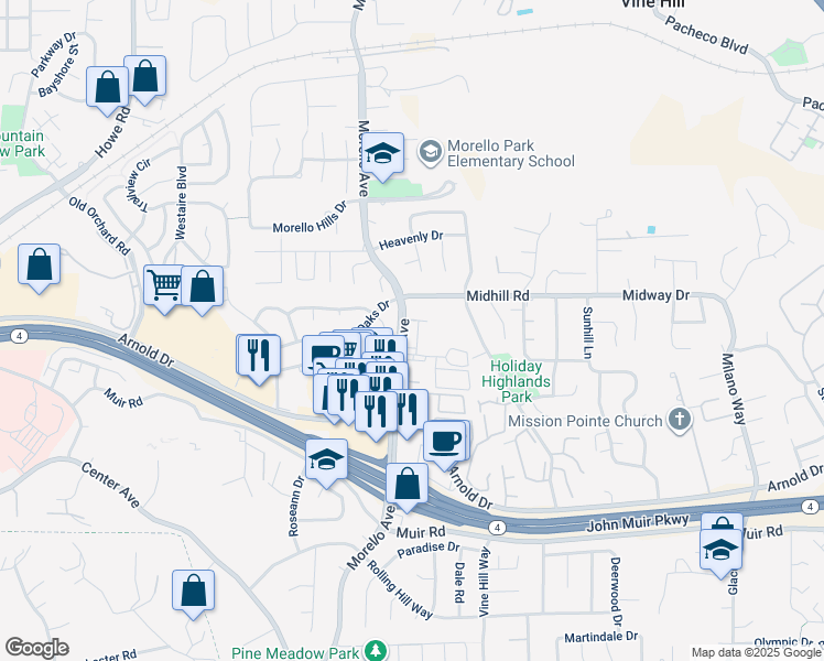 map of restaurants, bars, coffee shops, grocery stores, and more near 1001 Maywood Lane in Martinez