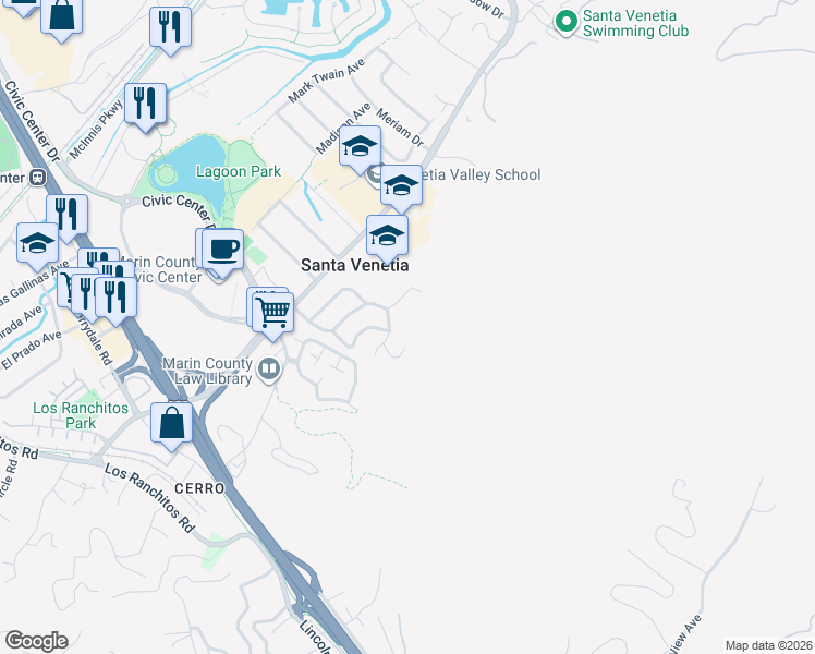 map of restaurants, bars, coffee shops, grocery stores, and more near 10 Edgehill Way in San Rafael