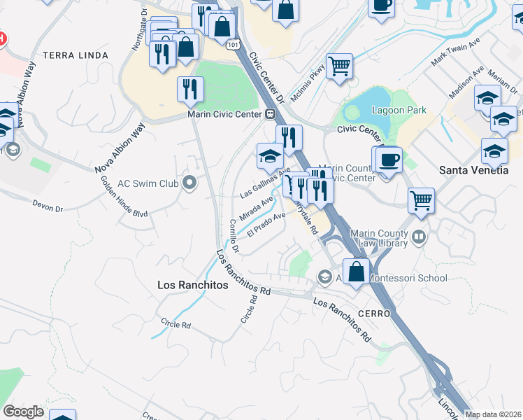 map of restaurants, bars, coffee shops, grocery stores, and more near 206 El Prado Avenue in San Rafael