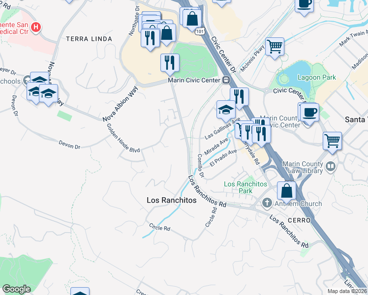 map of restaurants, bars, coffee shops, grocery stores, and more near 181 Los Ranchitos Road in San Rafael