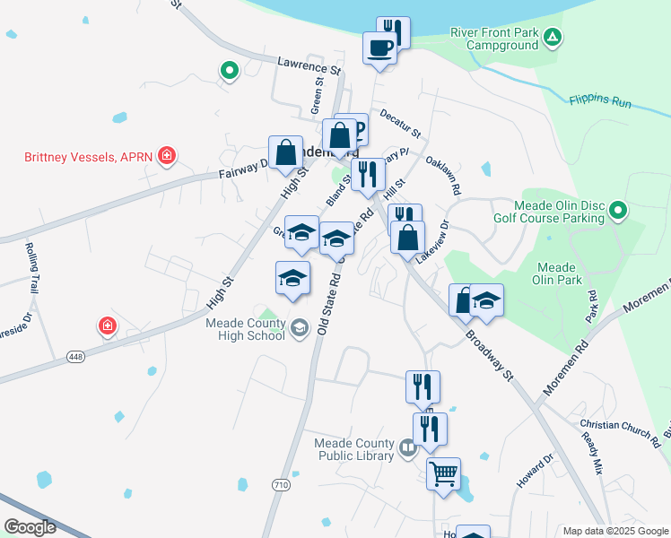 map of restaurants, bars, coffee shops, grocery stores, and more near 1104 Old State Road in Brandenburg
