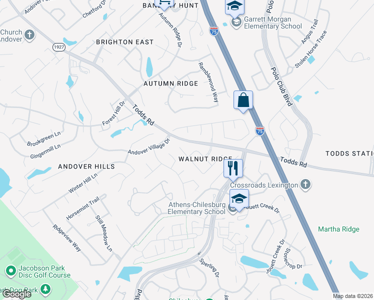 map of restaurants, bars, coffee shops, grocery stores, and more near 799 Spyglass Lane in Lexington