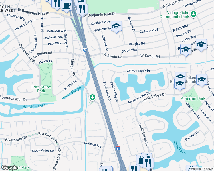 map of restaurants, bars, coffee shops, grocery stores, and more near 5816 Brush Creek Drive in Stockton