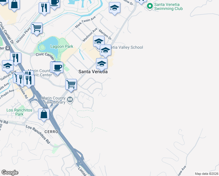 map of restaurants, bars, coffee shops, grocery stores, and more near 10 Edgehill Way in San Rafael