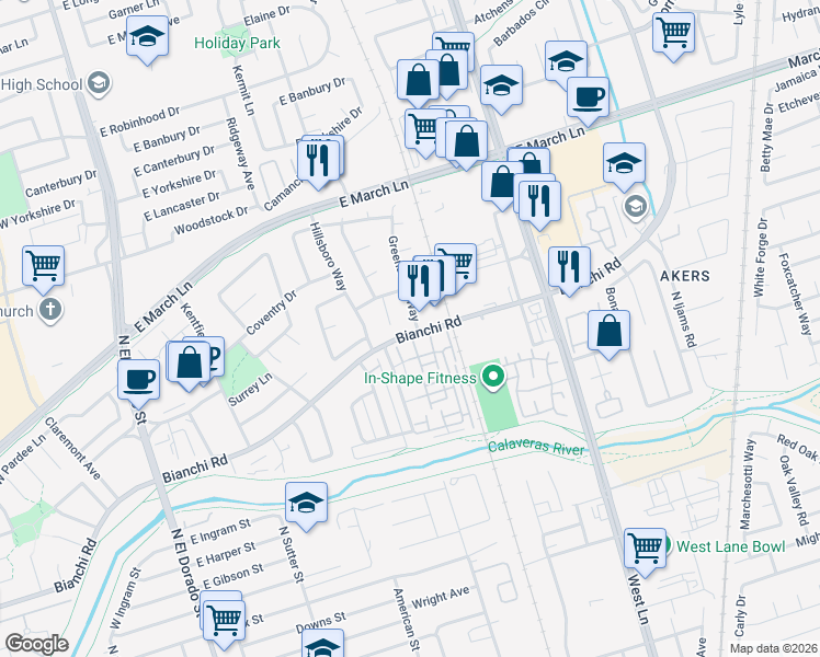 map of restaurants, bars, coffee shops, grocery stores, and more near 4503 Greensboro Way in Stockton