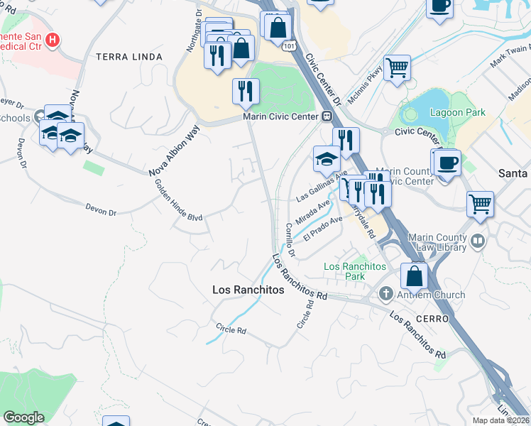 map of restaurants, bars, coffee shops, grocery stores, and more near 181 Los Ranchitos Road in San Rafael