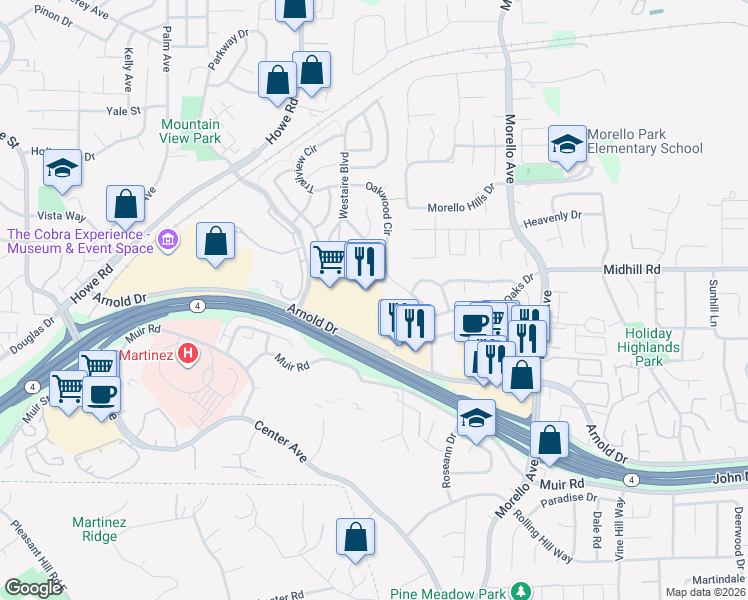 map of restaurants, bars, coffee shops, grocery stores, and more near in Martinez