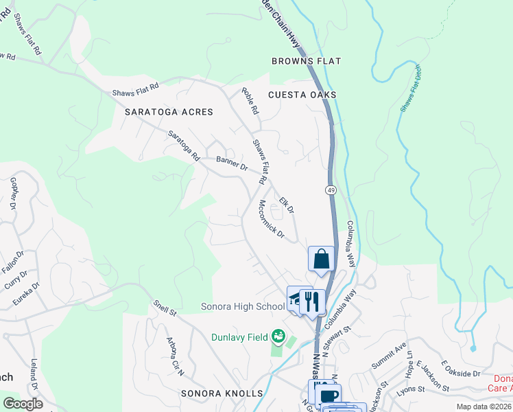 map of restaurants, bars, coffee shops, grocery stores, and more near 951 Shaws Flat Road in Sonora