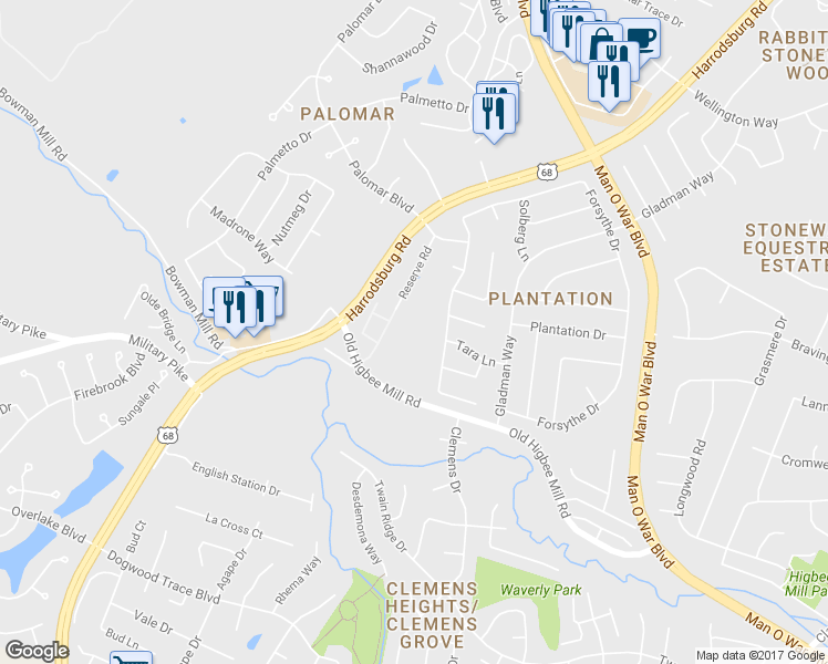 map of restaurants, bars, coffee shops, grocery stores, and more near 2231 Old Higbee Mill Rd in Lexington