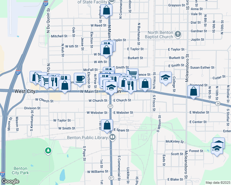 map of restaurants, bars, coffee shops, grocery stores, and more near 1104-1106 Public Square in Benton