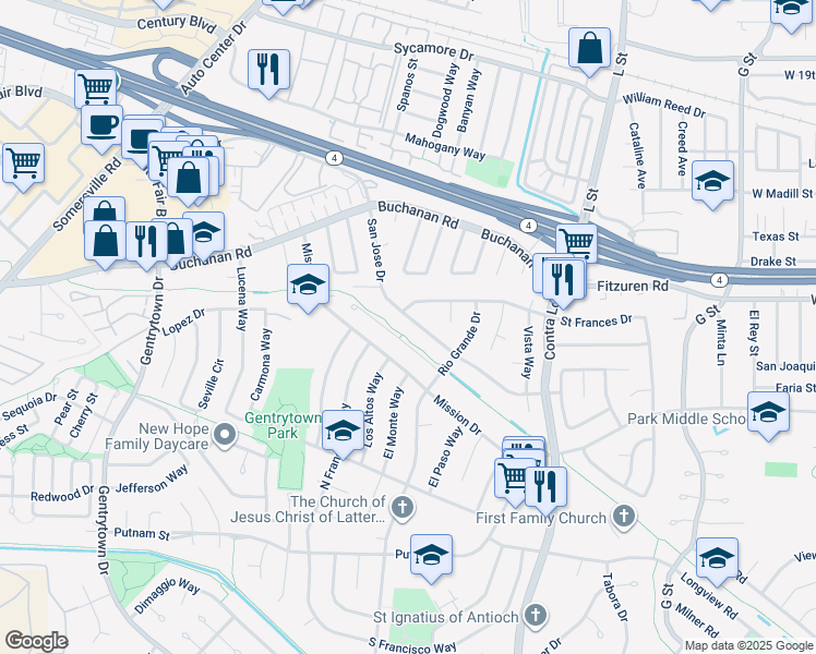 map of restaurants, bars, coffee shops, grocery stores, and more near 1417 San Jose Drive in Antioch