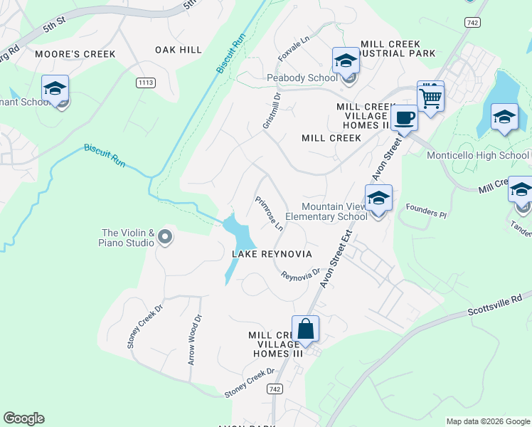 map of restaurants, bars, coffee shops, grocery stores, and more near 1526 Primrose Lane in Charlottesville