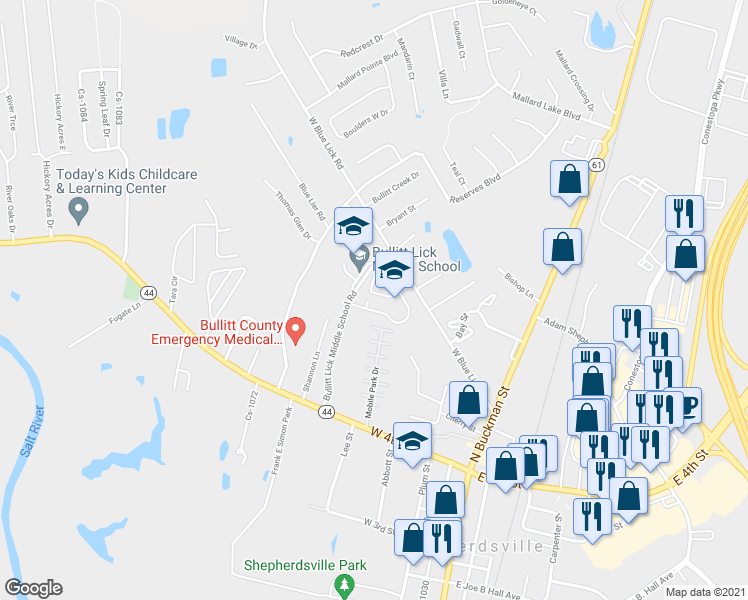 map of restaurants, bars, coffee shops, grocery stores, and more near 527 West Blue Lick Road in Shepherdsville
