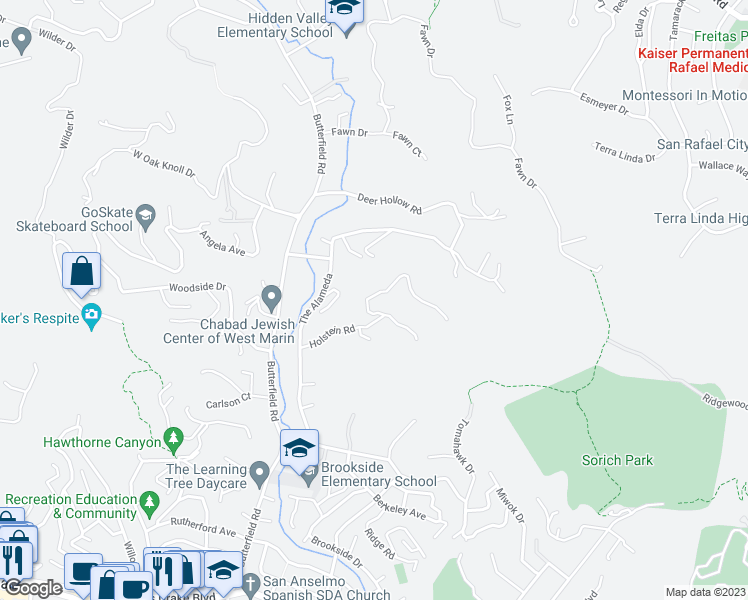 map of restaurants, bars, coffee shops, grocery stores, and more near 112 Holstein Road in San Anselmo