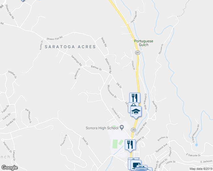 map of restaurants, bars, coffee shops, grocery stores, and more near 951 Shaws Flat Road in Sonora