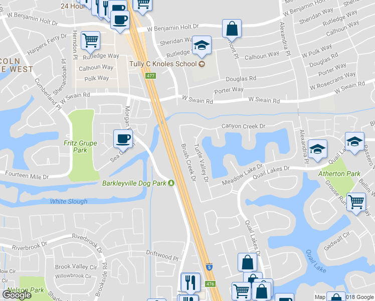 map of restaurants, bars, coffee shops, grocery stores, and more near 5817 Brush Creek Drive in Stockton