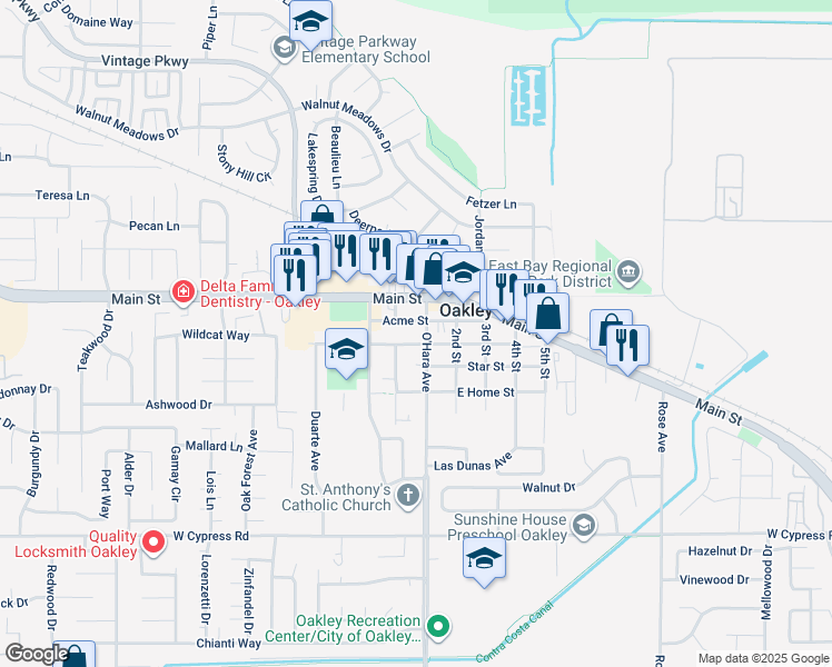 map of restaurants, bars, coffee shops, grocery stores, and more near 120 West Ruby Street in Oakley