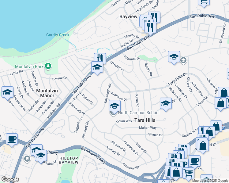 map of restaurants, bars, coffee shops, grocery stores, and more near 2524 Ardmore Drive in San Pablo