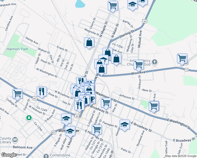 map of restaurants, bars, coffee shops, grocery stores, and more near 127 North Main Street in Winchester
