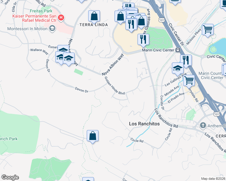map of restaurants, bars, coffee shops, grocery stores, and more near 109 Golden Hinde Boulevard in San Rafael