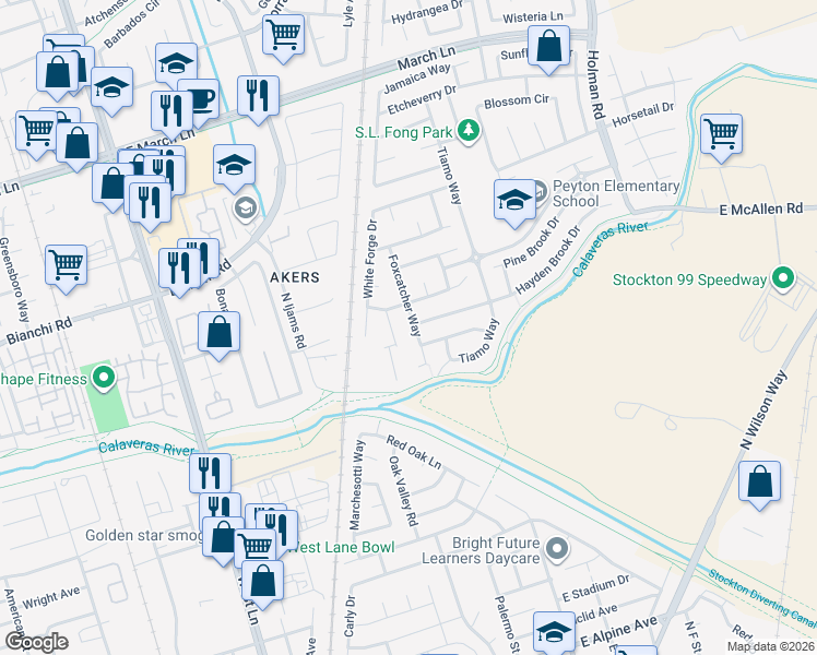 map of restaurants, bars, coffee shops, grocery stores, and more near 4418 Harmony Hill Way in Stockton