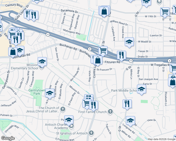 map of restaurants, bars, coffee shops, grocery stores, and more near 1110 Encina Court in Antioch