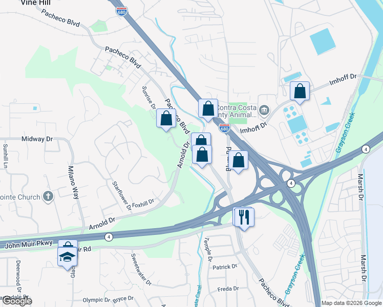 map of restaurants, bars, coffee shops, grocery stores, and more near 501 Tierney Place in Martinez