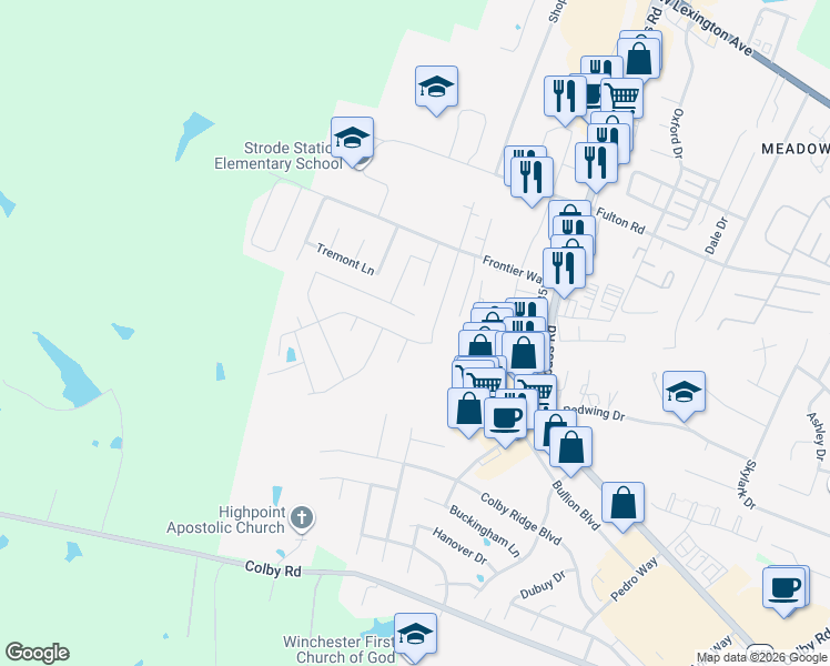 map of restaurants, bars, coffee shops, grocery stores, and more near 412 Wellington Way in Winchester