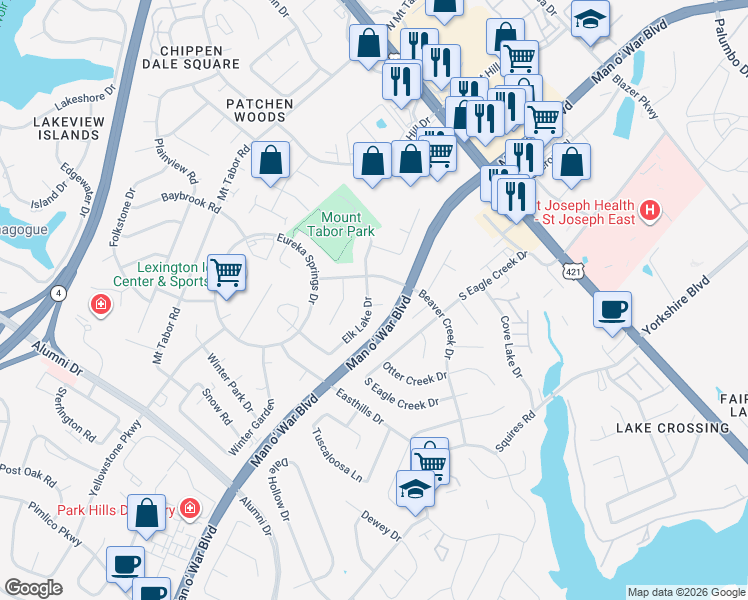 map of restaurants, bars, coffee shops, grocery stores, and more near 617 Elk Lake Drive in Lexington