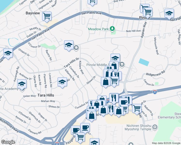 map of restaurants, bars, coffee shops, grocery stores, and more near 970 Kittery Way in Pinole