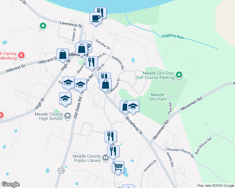 map of restaurants, bars, coffee shops, grocery stores, and more near 541-547 Burnett Avenue in Brandenburg