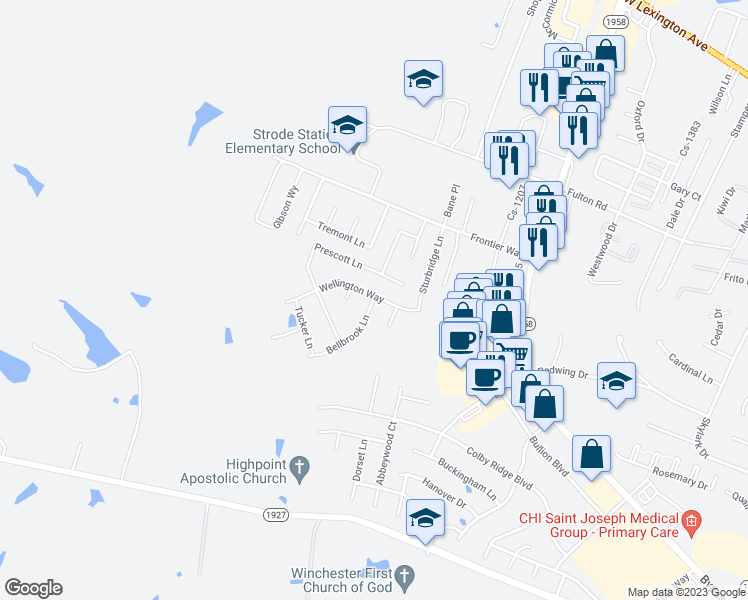 map of restaurants, bars, coffee shops, grocery stores, and more near Bellbrook Lane in Winchester