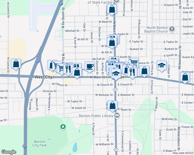 map of restaurants, bars, coffee shops, grocery stores, and more near 402 West Main Street in Benton