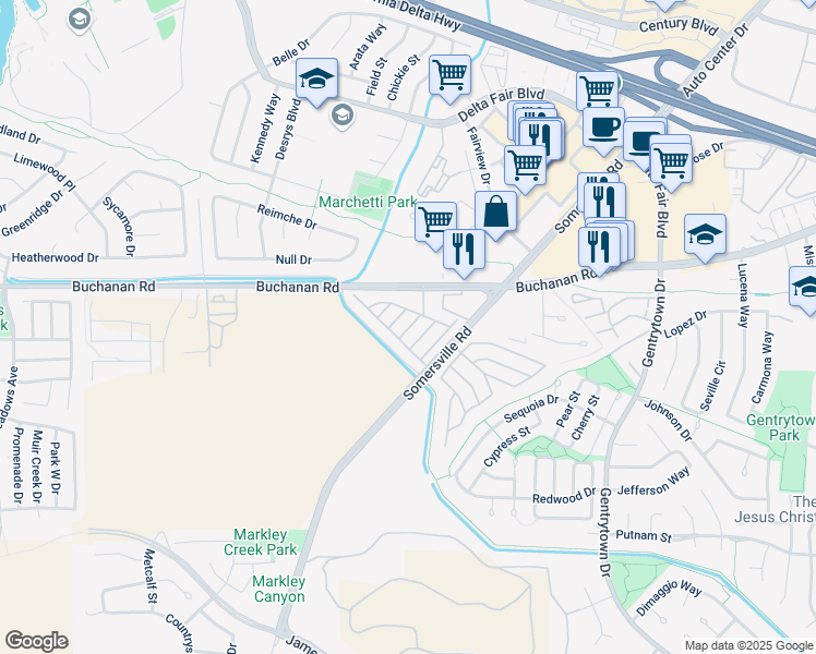 map of restaurants, bars, coffee shops, grocery stores, and more near 3301 Buchanan Road in Antioch