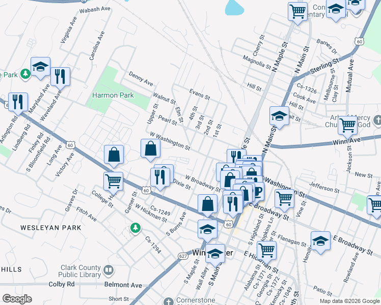 map of restaurants, bars, coffee shops, grocery stores, and more near 310 West Washington Street in Winchester
