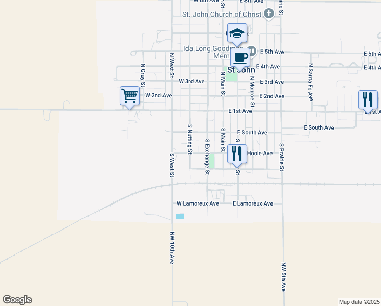 map of restaurants, bars, coffee shops, grocery stores, and more near 298 S Nutting St in St John