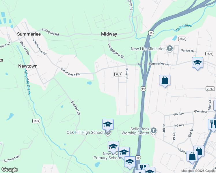 map of restaurants, bars, coffee shops, grocery stores, and more near 143 Jordan Street in Oak Hill