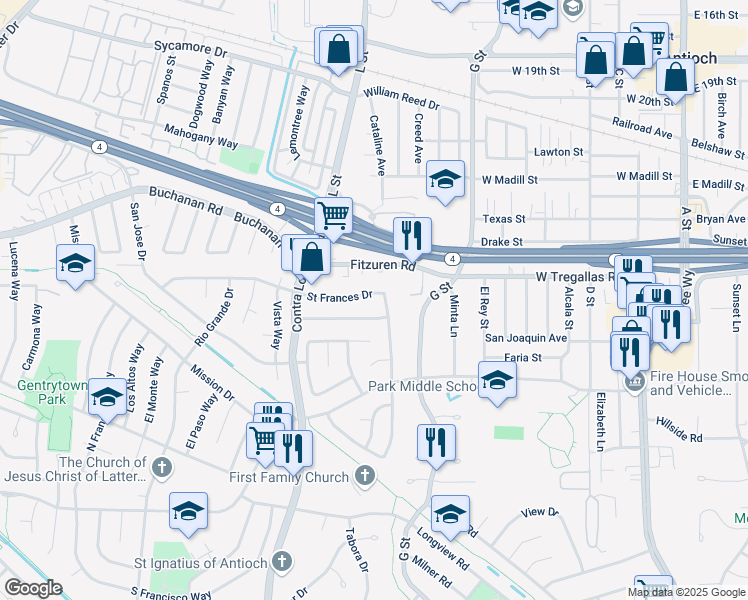 map of restaurants, bars, coffee shops, grocery stores, and more near 911 Saint Francis Drive in Antioch