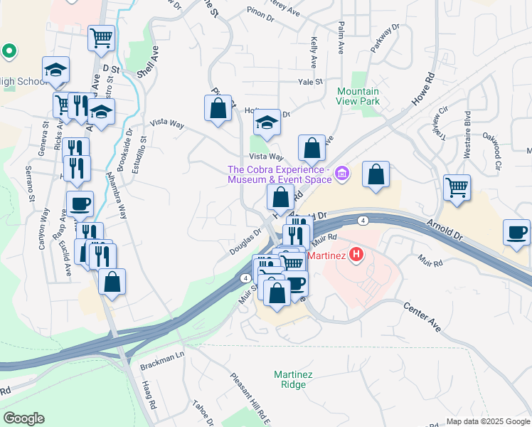 map of restaurants, bars, coffee shops, grocery stores, and more near 110 Via Cabrera Lane in Martinez