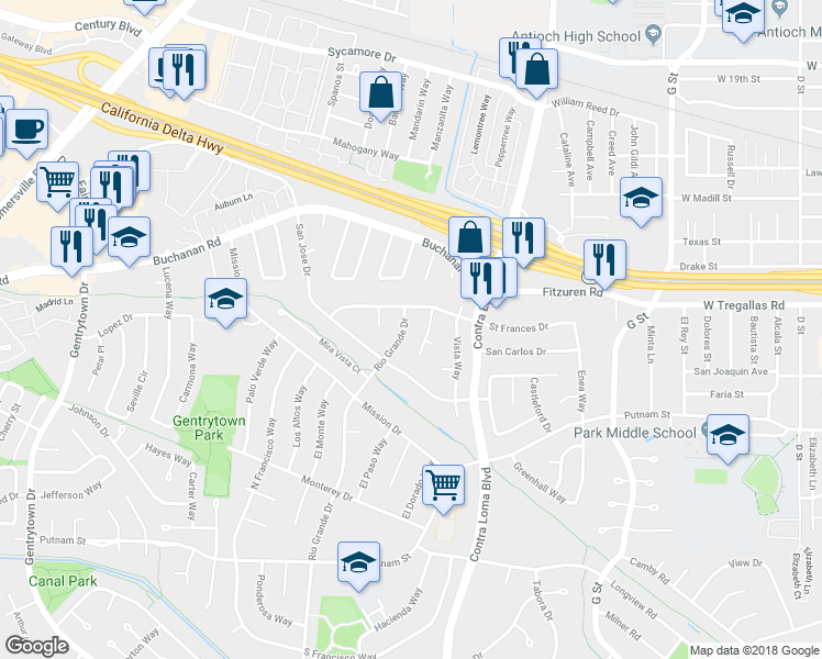 map of restaurants, bars, coffee shops, grocery stores, and more near 2813 Rio Grande Drive in Antioch