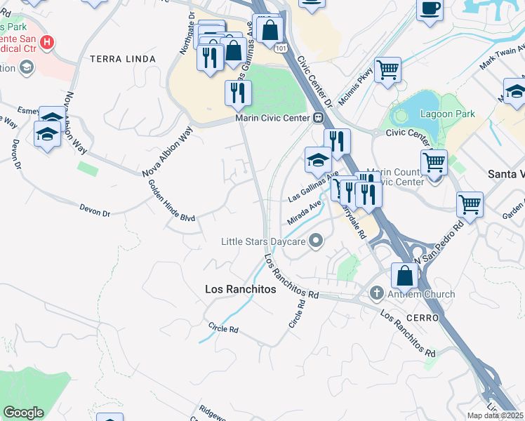 map of restaurants, bars, coffee shops, grocery stores, and more near 181 Los Ranchitos Road in San Rafael