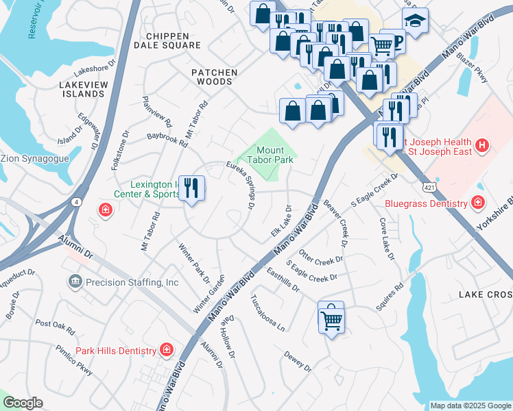 map of restaurants, bars, coffee shops, grocery stores, and more near 701 Eureka Springs Drive in Lexington