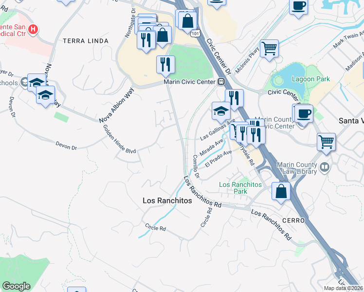 map of restaurants, bars, coffee shops, grocery stores, and more near 179A Los Ranchitos Road in San Rafael