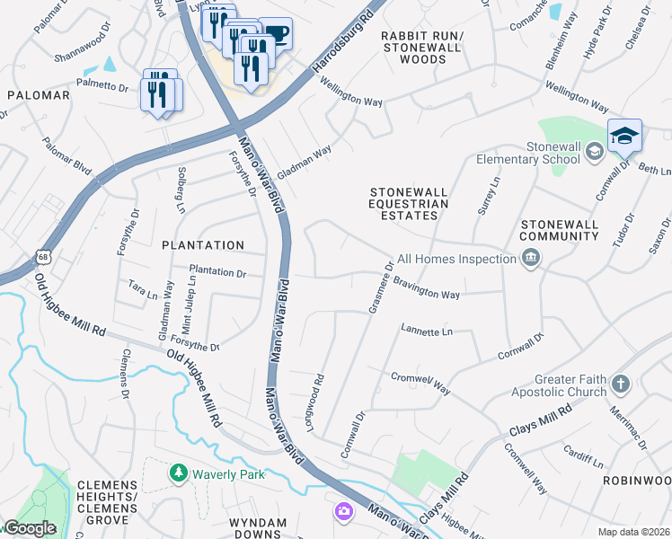 map of restaurants, bars, coffee shops, grocery stores, and more near 925 Bravington Way in Lexington