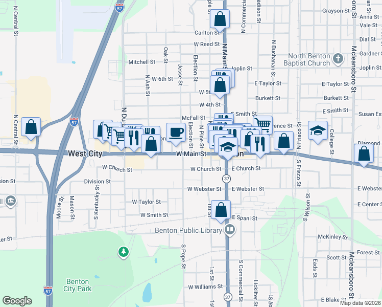 map of restaurants, bars, coffee shops, grocery stores, and more near 402 West Main Street in Benton