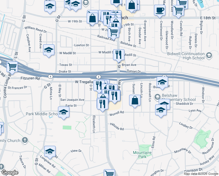 map of restaurants, bars, coffee shops, grocery stores, and more near 16 Wightman Court in Antioch